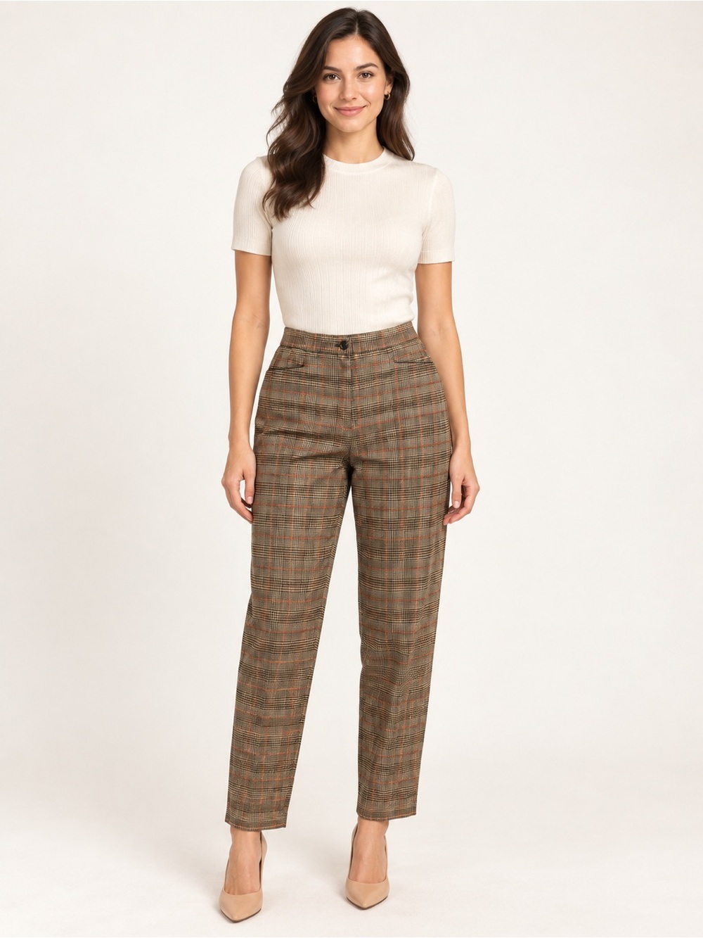 Liz Claiborne Plaid Straight-Leg Trousers in Brown & Cream